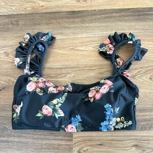 Albion Black Floral Ruffle Bikini Top - Pink & Blue Flowers